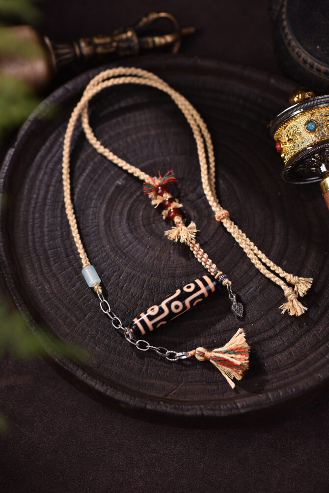 Hidden Blessing Dzi Adjustable Tibetan Necklace - Yellow & Colorful Velvet | Guardian of Secret Wishes