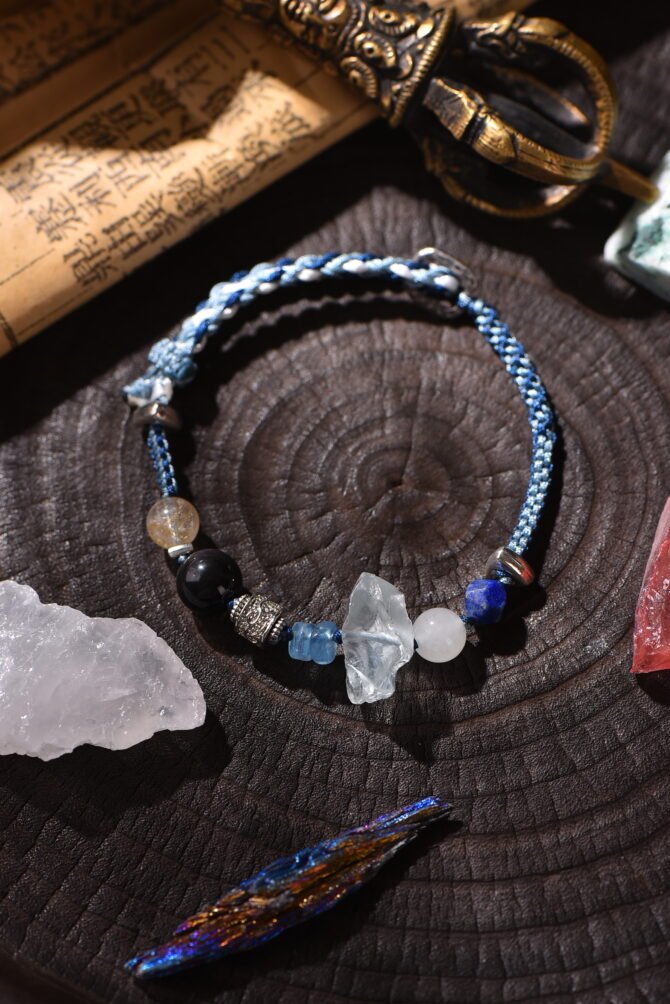 Tibetan handmade braided bracelet with natural raw stone, zodiac inspired spiritual jewelry