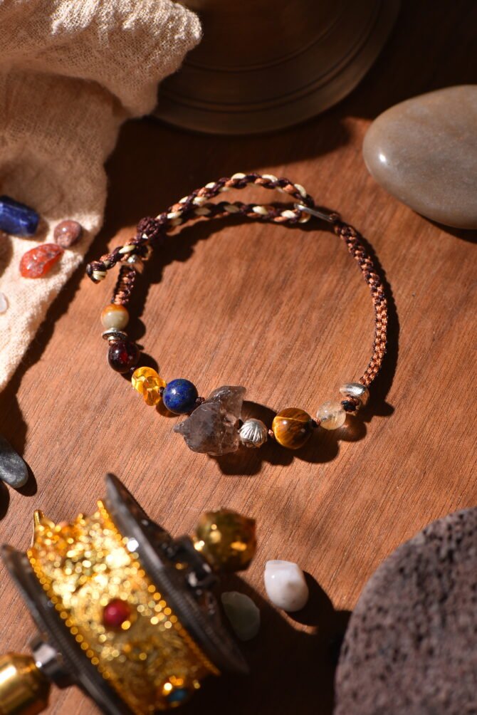 Tibetan handmade braided bracelet with natural raw stone, zodiac inspired spiritual jewelry