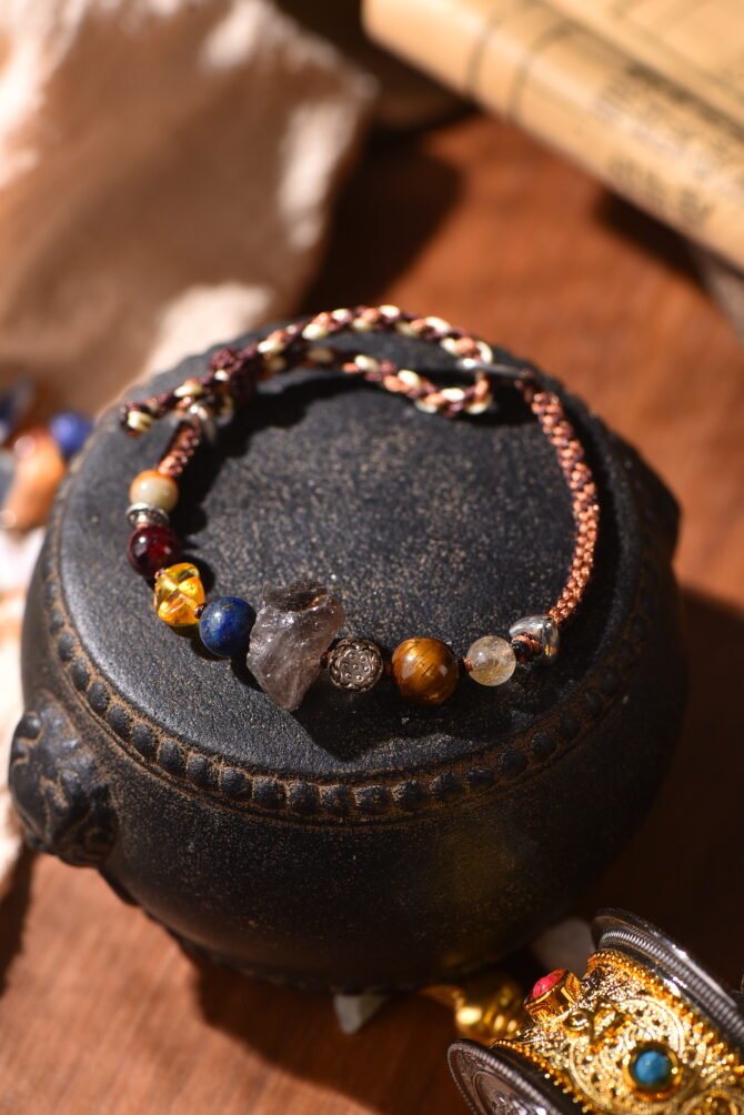 Tibetan handmade braided bracelet with natural raw stone, zodiac inspired spiritual jewelry