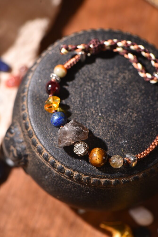 Tibetan handmade braided bracelet with natural raw stone, zodiac inspired spiritual jewelry