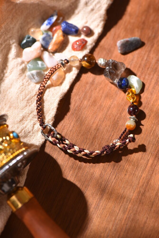 Tibetan handmade braided bracelet with natural raw stone, zodiac inspired spiritual jewelry