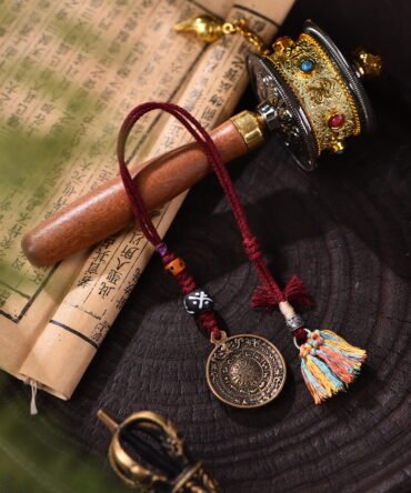Tibetan Nine Palaces Charm - Red-Brown-Purple Braided Cord | Bagua Disk + Yak Bone & Silver Bead Companion