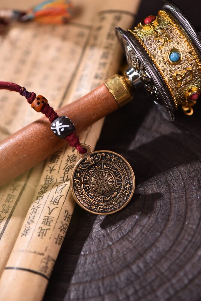 Tibetan Nine Palaces Charm - Red-Brown-Purple Braided Cord | Bagua Disk + Yak Bone & Silver Bead Companion - Image 3