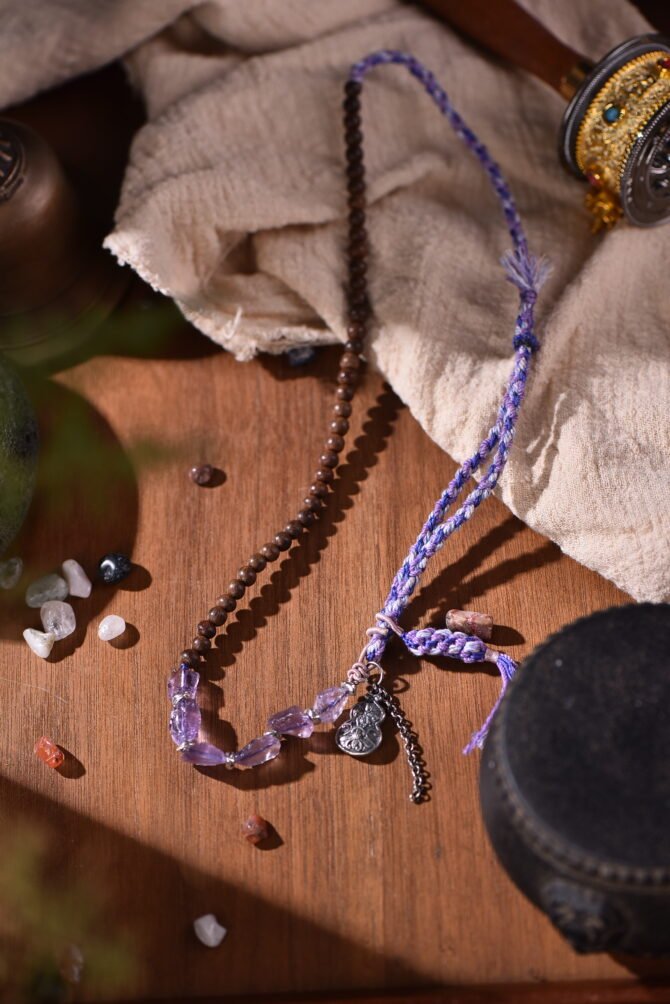 Adjustable Amethyst Bracelet-Necklace - Purple-Blue Base with Colorful Thread | Crystal of Calm Insight