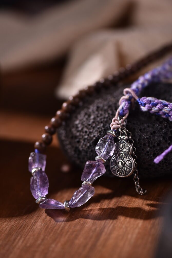 Adjustable Amethyst Bracelet-Necklace - Purple-Blue Base with Colorful Thread | Crystal of Calm Insight – Bild 5
