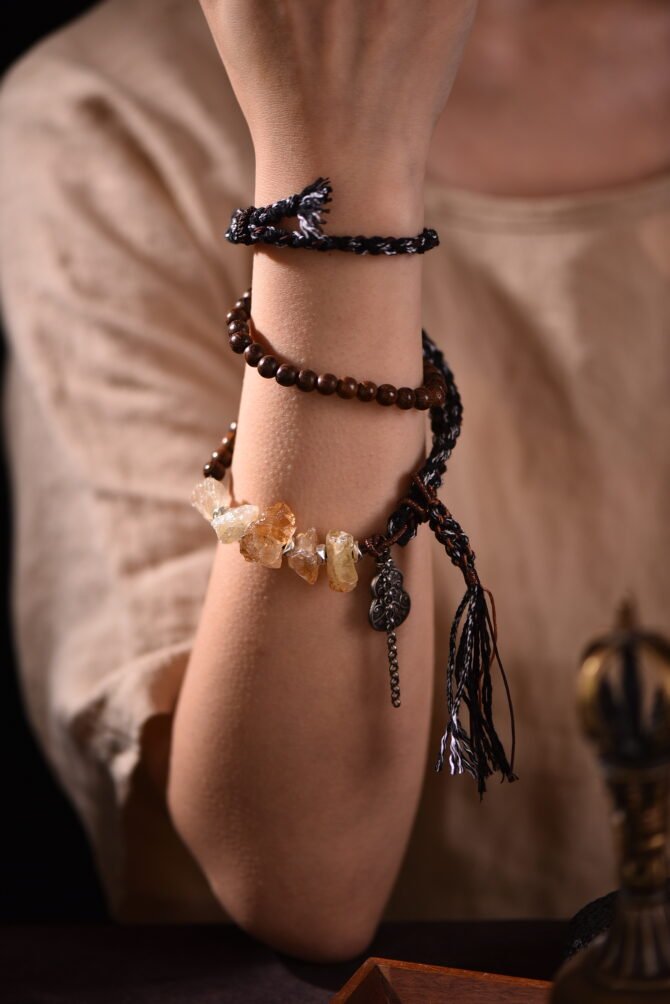 Adjustable Citrine Bracelet-Necklace - Black-White Base with Orange Thread | Crystal of Confident Versatility - Image 3