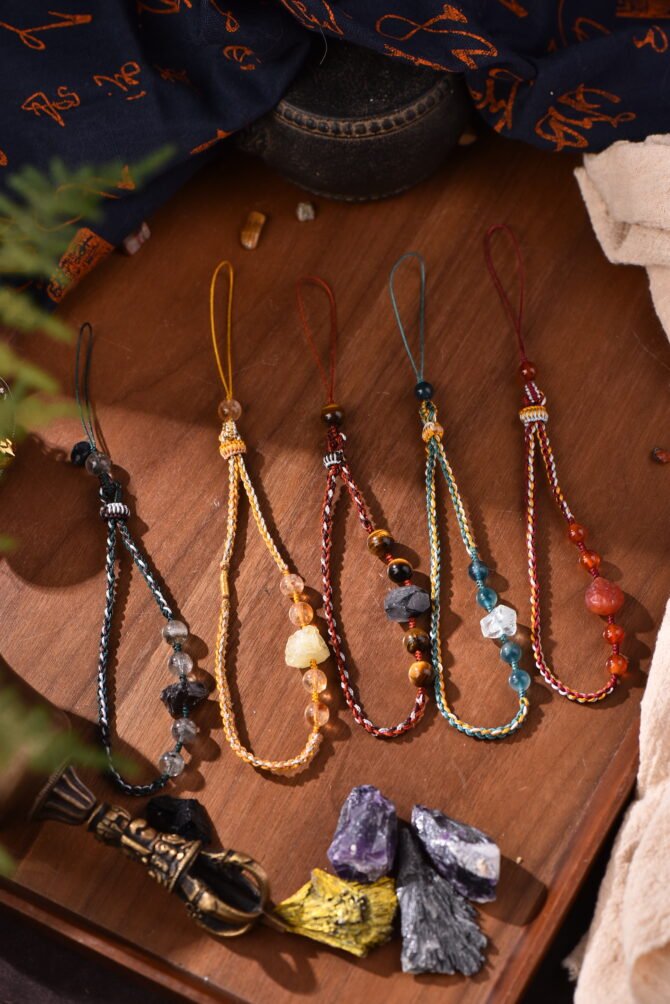 Five Elements Wood Phone Chain - Green-White-Brown Cord | Vitality Crystal Companion - Image 4