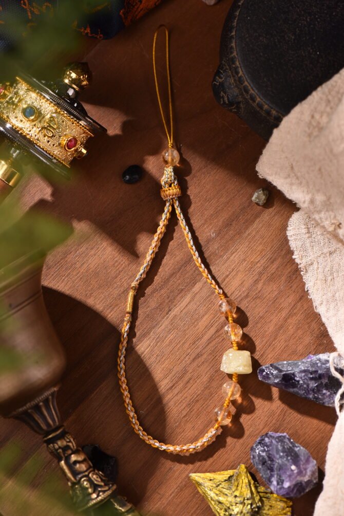 Five Elements Metal Phone Chain - Orange-Yellow-White Cord | Golden Vitality Crystal Companion