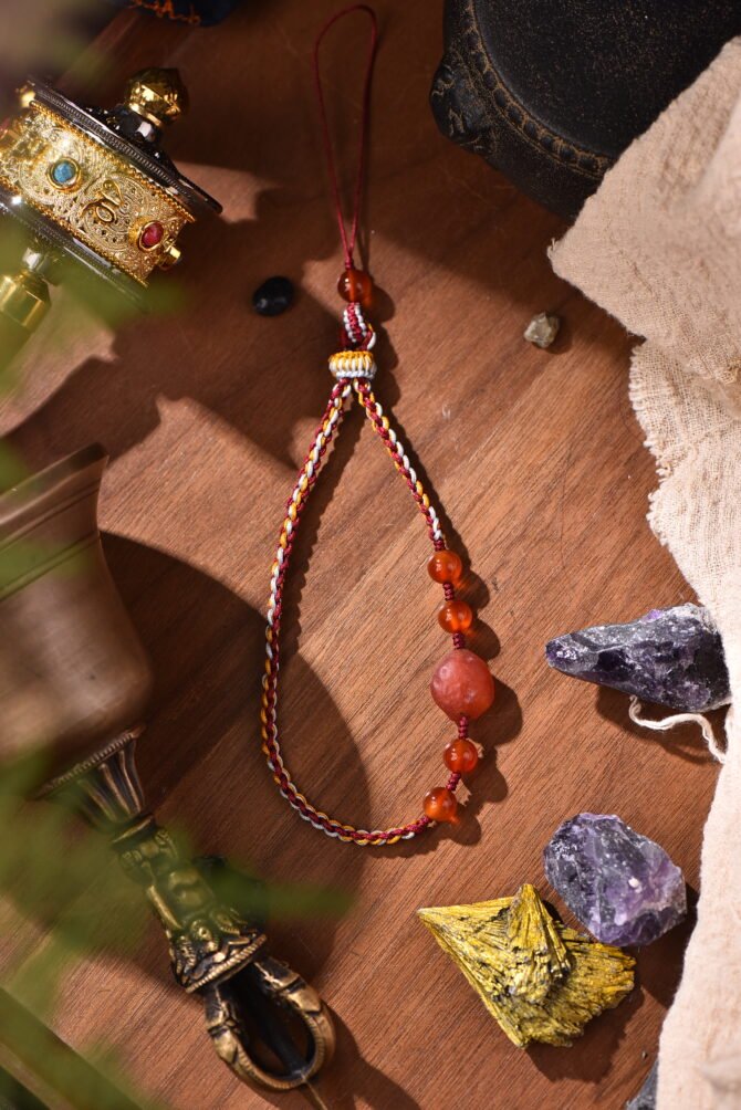 Five Elements Fire Phone Chain - Red-Gold-White Cord | Radiant Spark Crystal Companion