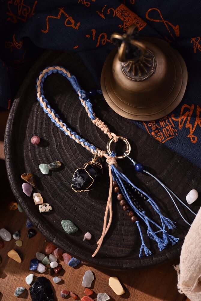 Water Element Flow Phone Strap - Obsidian + Blue-White Cord |  Five Elements Vitalizer