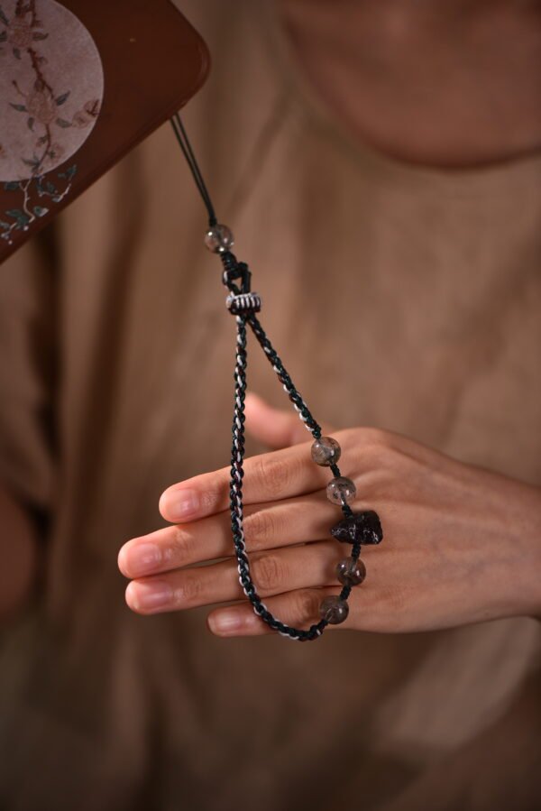 Vitality & Prosperity Five Elements Wood Phone Chain - Green Phantom & Smoky Quartz