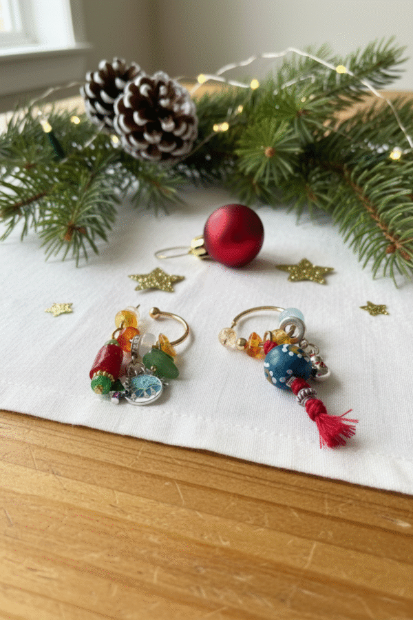 DIY Asymmetric Christmas Earrings - Ancient Glass & Amber Jasper