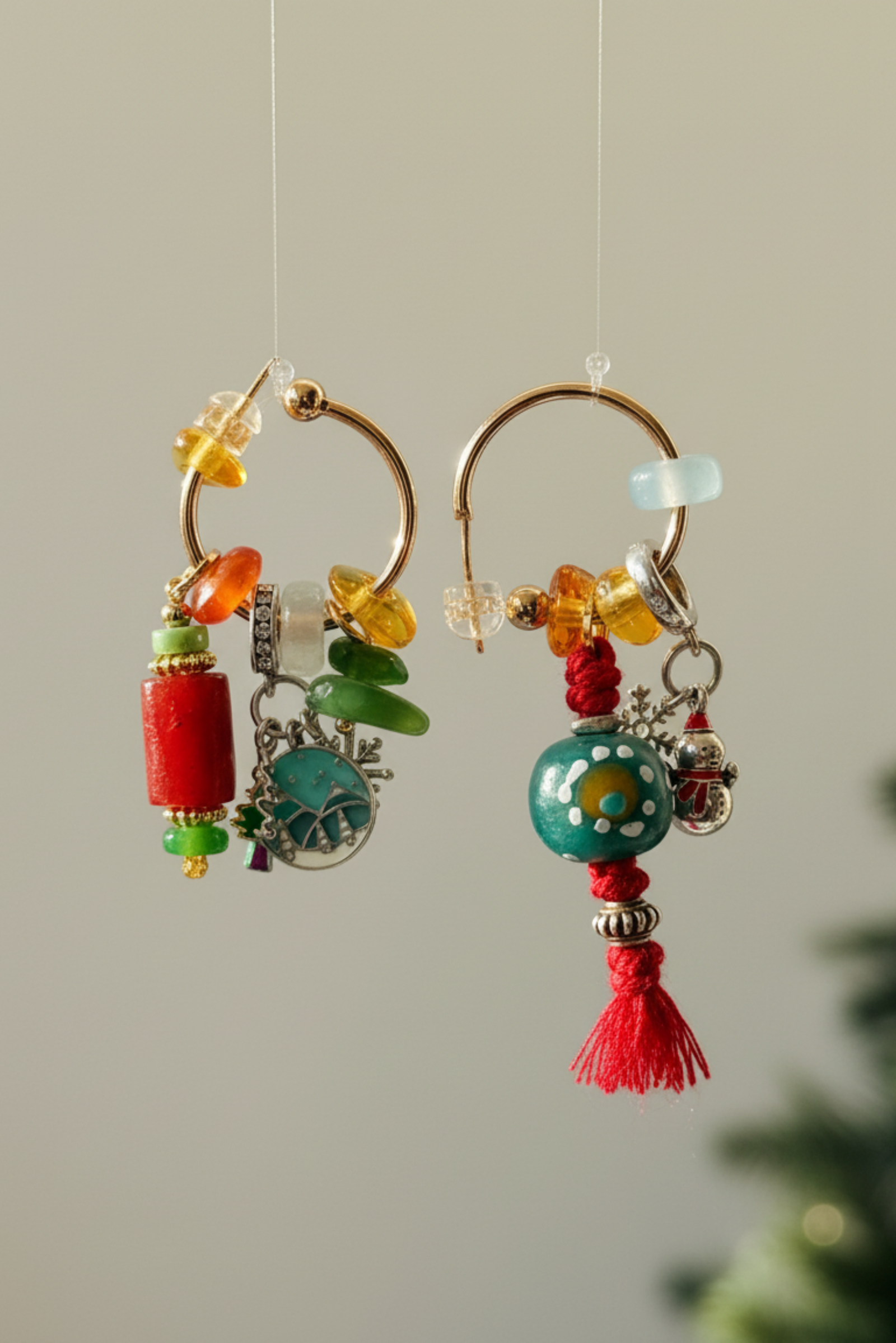 DIY Asymmetric Christmas Earrings - Ancient Glass & Amber Jasper