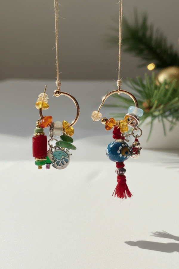DIY Asymmetric Christmas Earrings - Ancient Glass & Amber Jasper