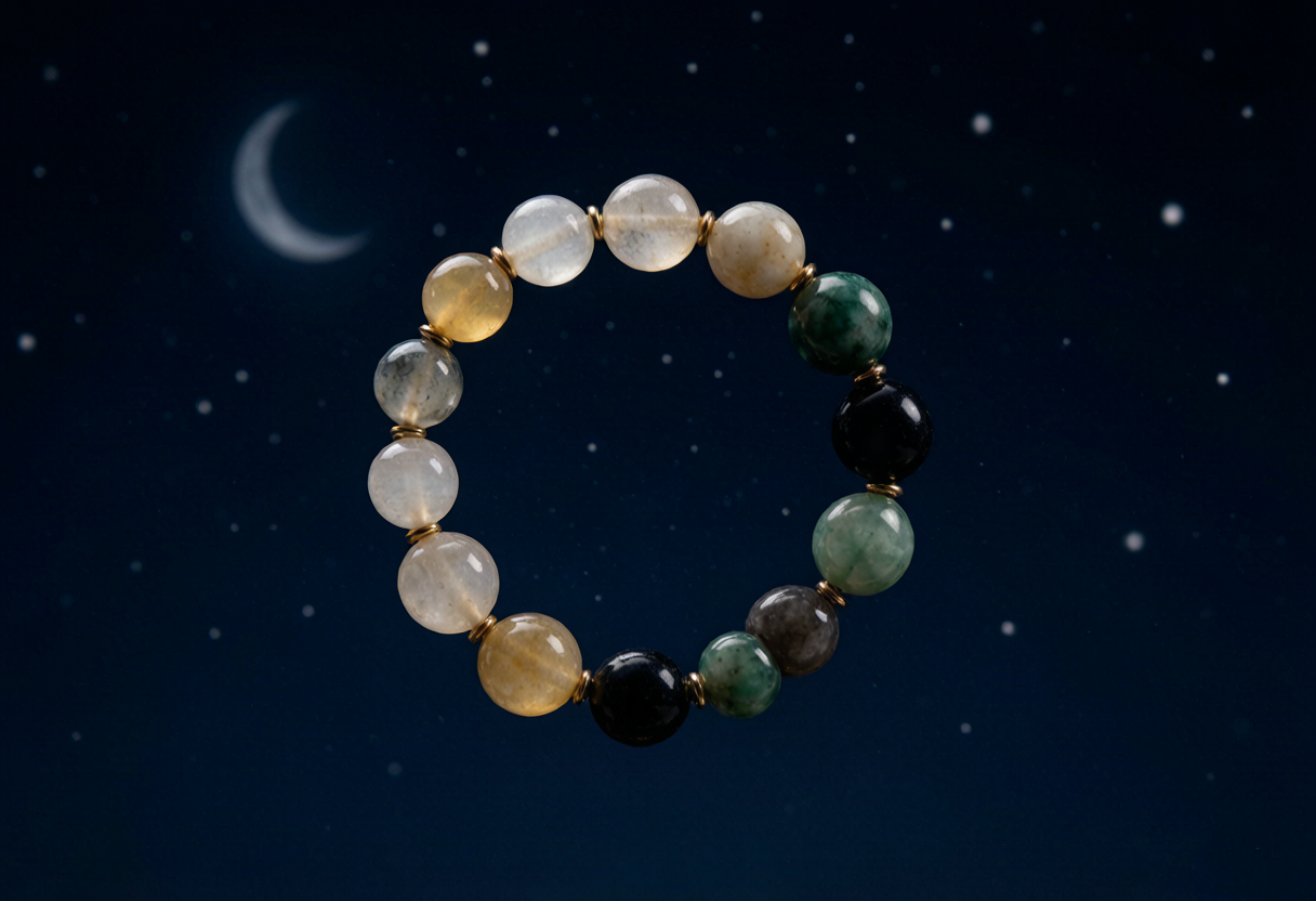 starry night sky above a handwoven Birthstone Zodiac Bracelet in midnight blue — Zodiac Series by TibetanTwist