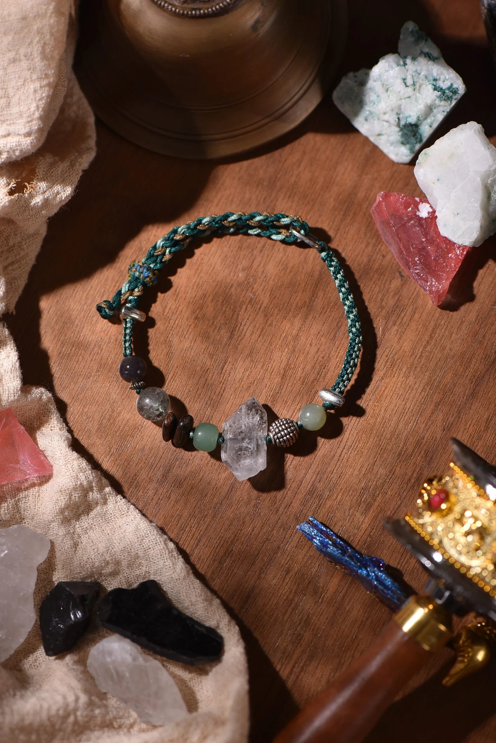 handwoven Five Elements Wood single-strand bracelet in pine green and brown — botanical jewelry collection by TibetanTwist