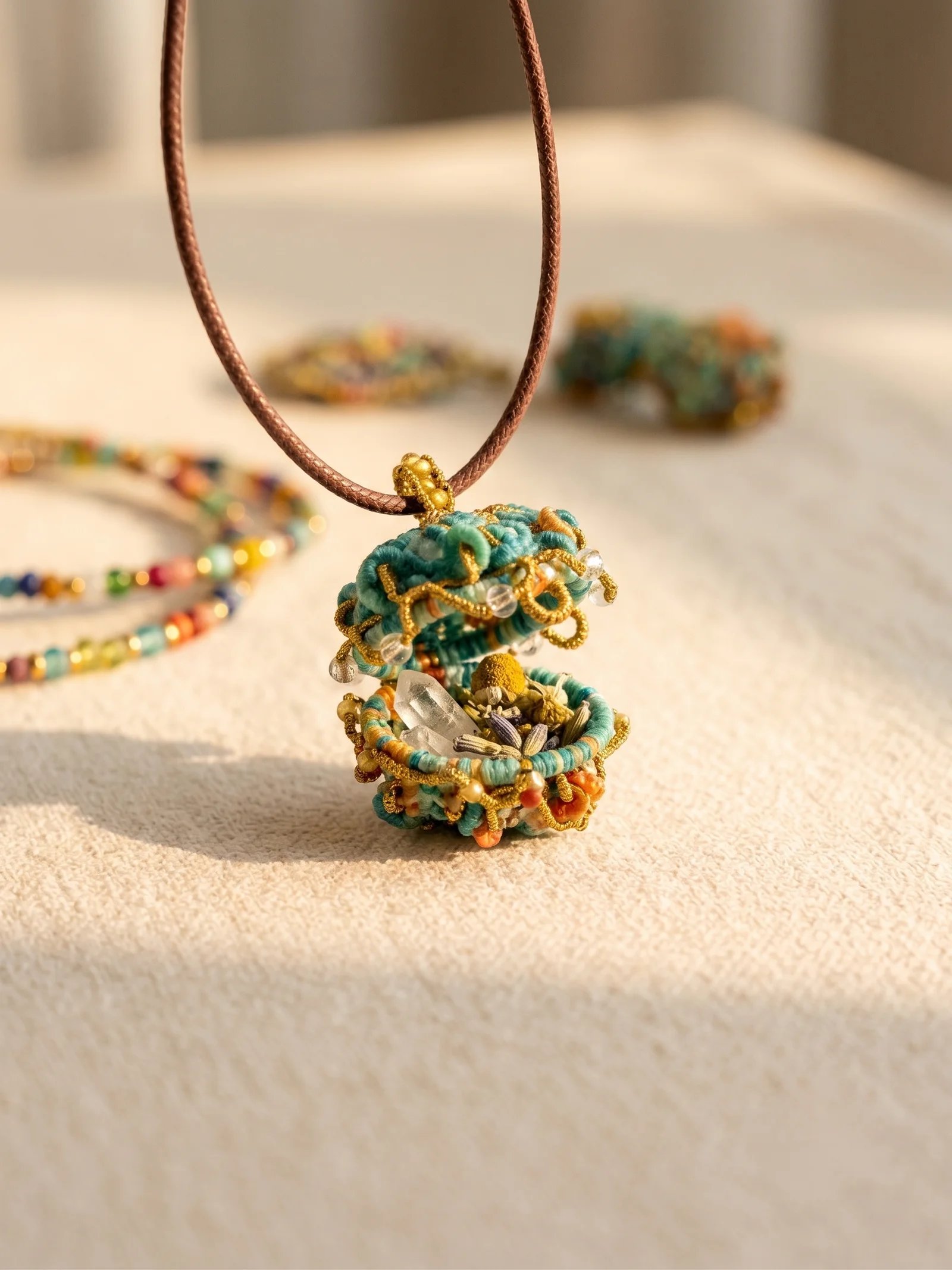 handwoven lotus pendant in soft botanical hues — Secret Garden by TibetanTwist