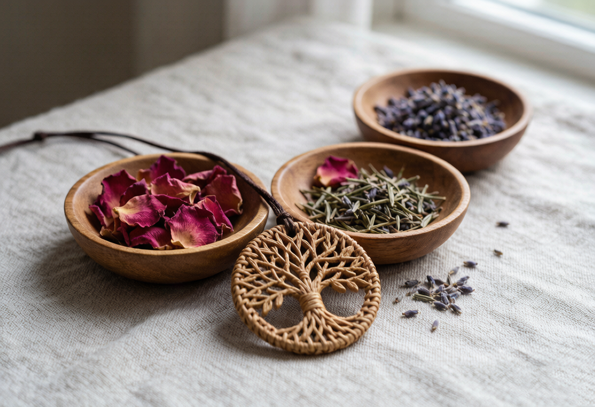 dried botanicals beside an openable handwoven pendant in muted garden palette — Botanical Journal by TibetanTwist