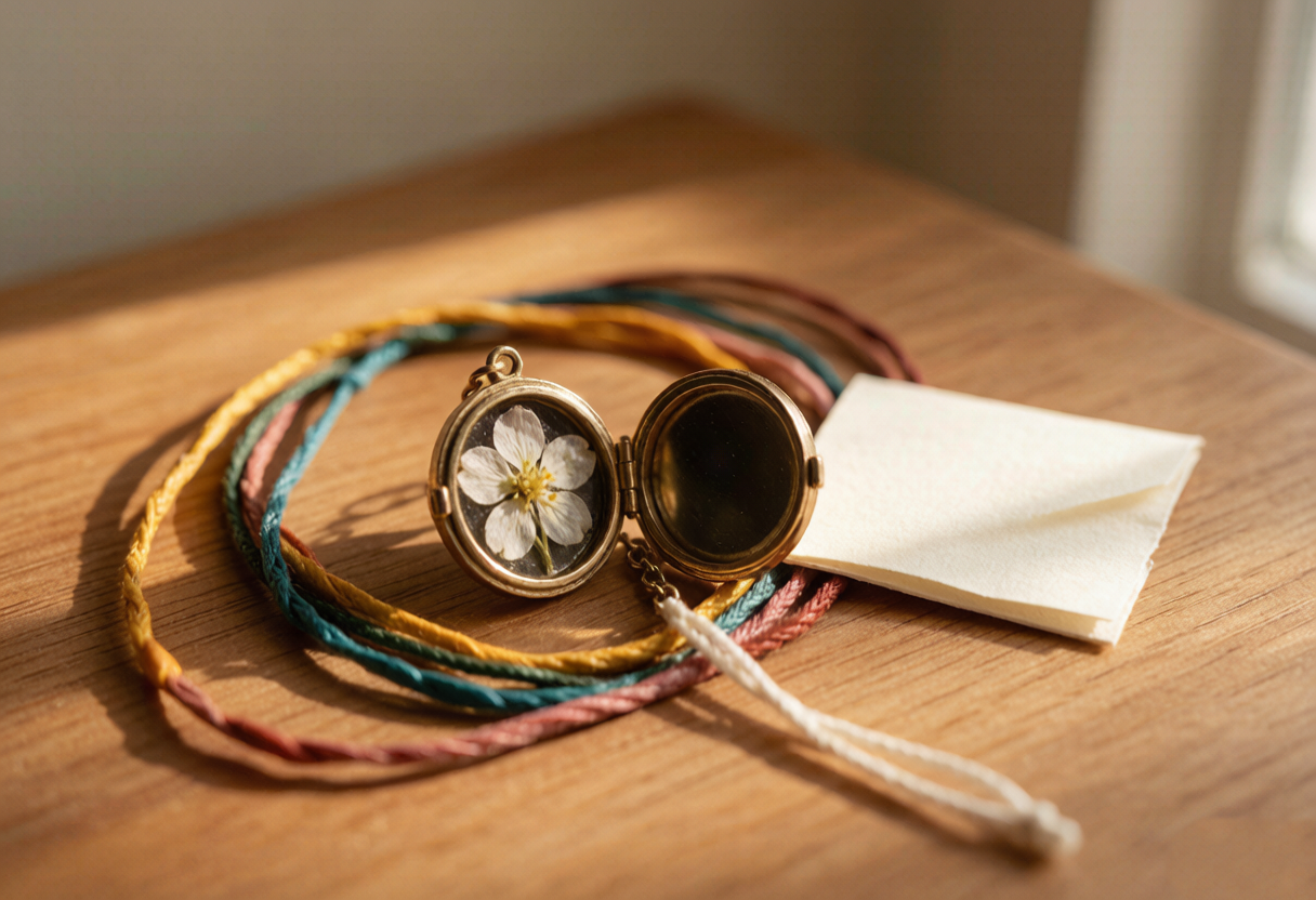 handwoven waxed cords in teal and coral beside a pressed-flower keepsake — Memory Jewelry by TibetanTwist