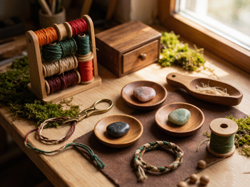 artisan workbench with spools of colorful waxed cord, natural stones, and half-finished handwoven bracelets in warm window light — Craft & Process by TibetanTwist