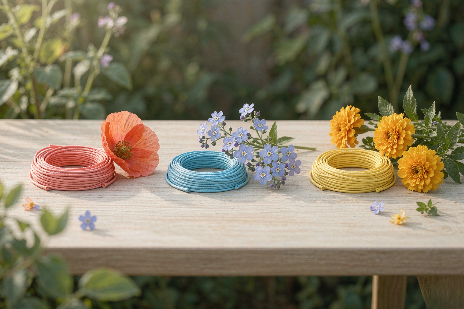 handwoven waxed cord spools in coral, sky blue and marigold gold beside fresh garden flowers — color matching at the TibetanTwist studio