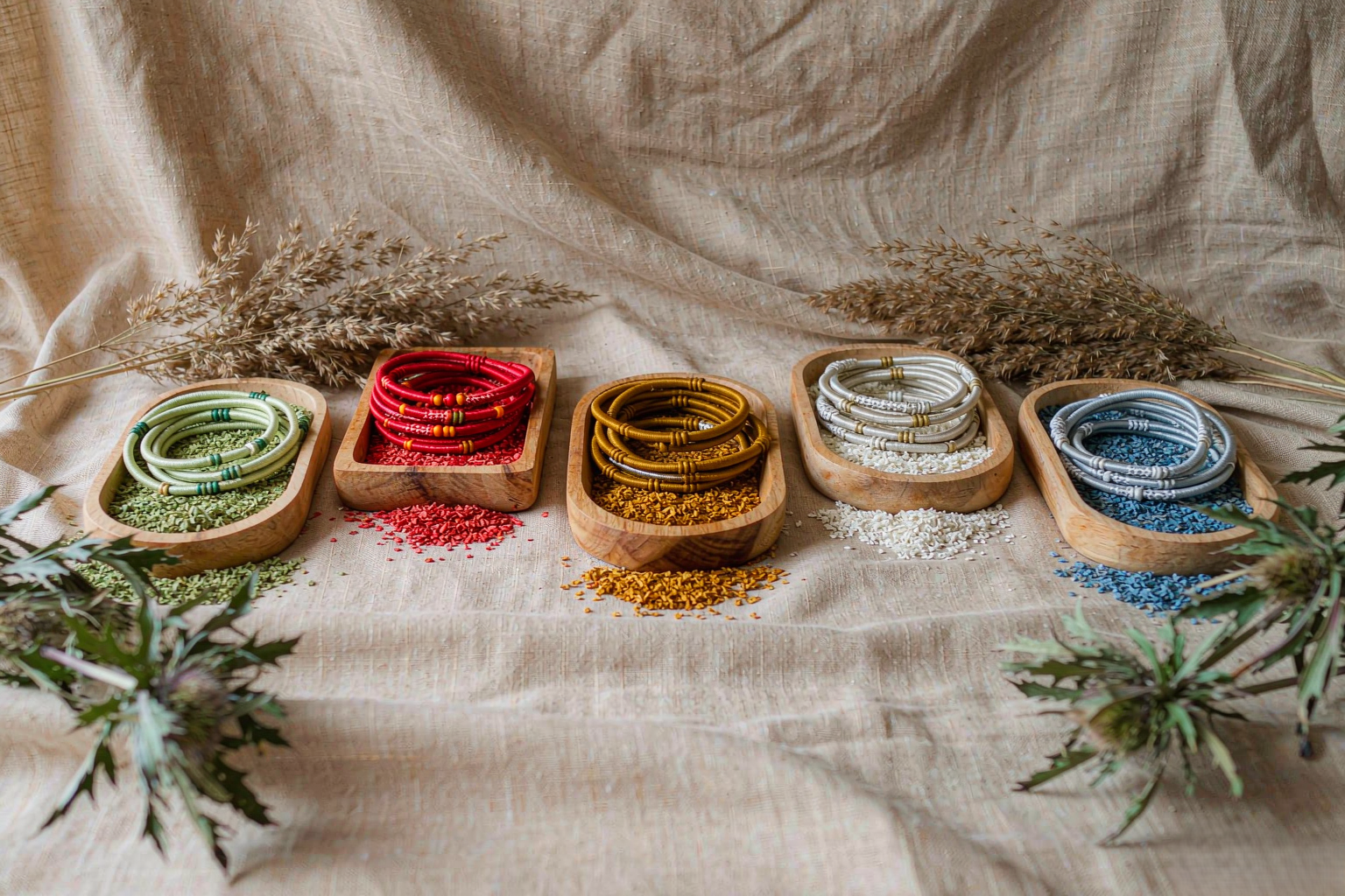 handwoven bracelets arranged by element in wood green, festival red and water blue — Five Elements and Zodiac gift guide by TibetanTwist
