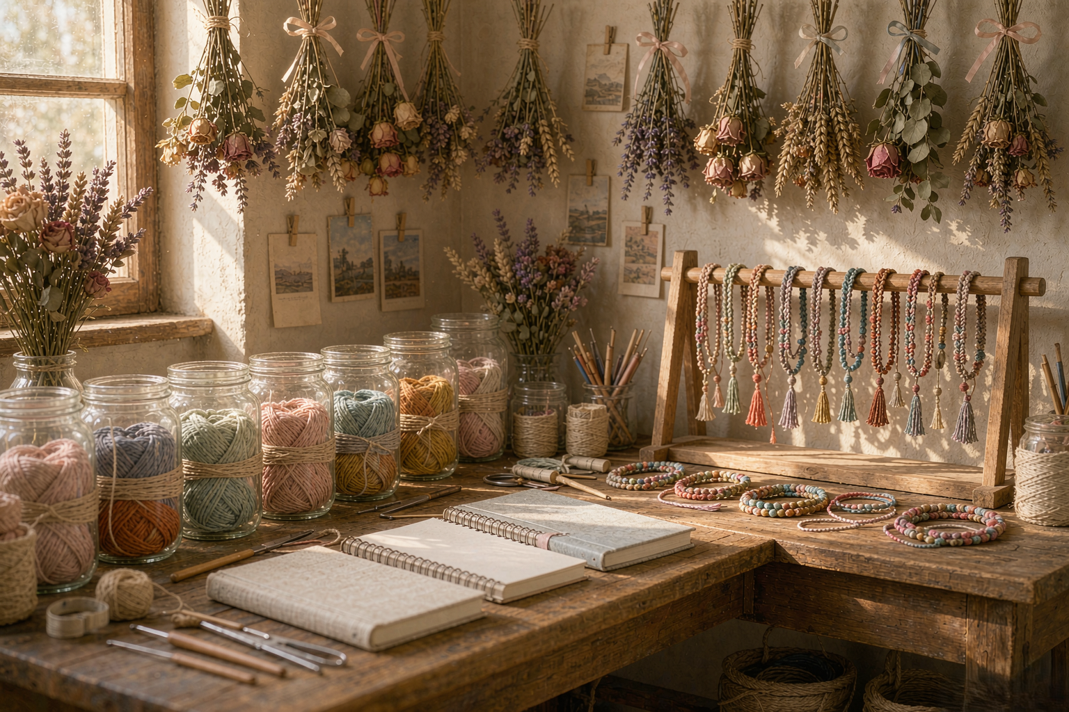 cozy corner of a handweaving studio with dried bouquets, glass jars of colorful threads, and finished bracelets on a wooden rack — Craft & Process by TibetanTwist