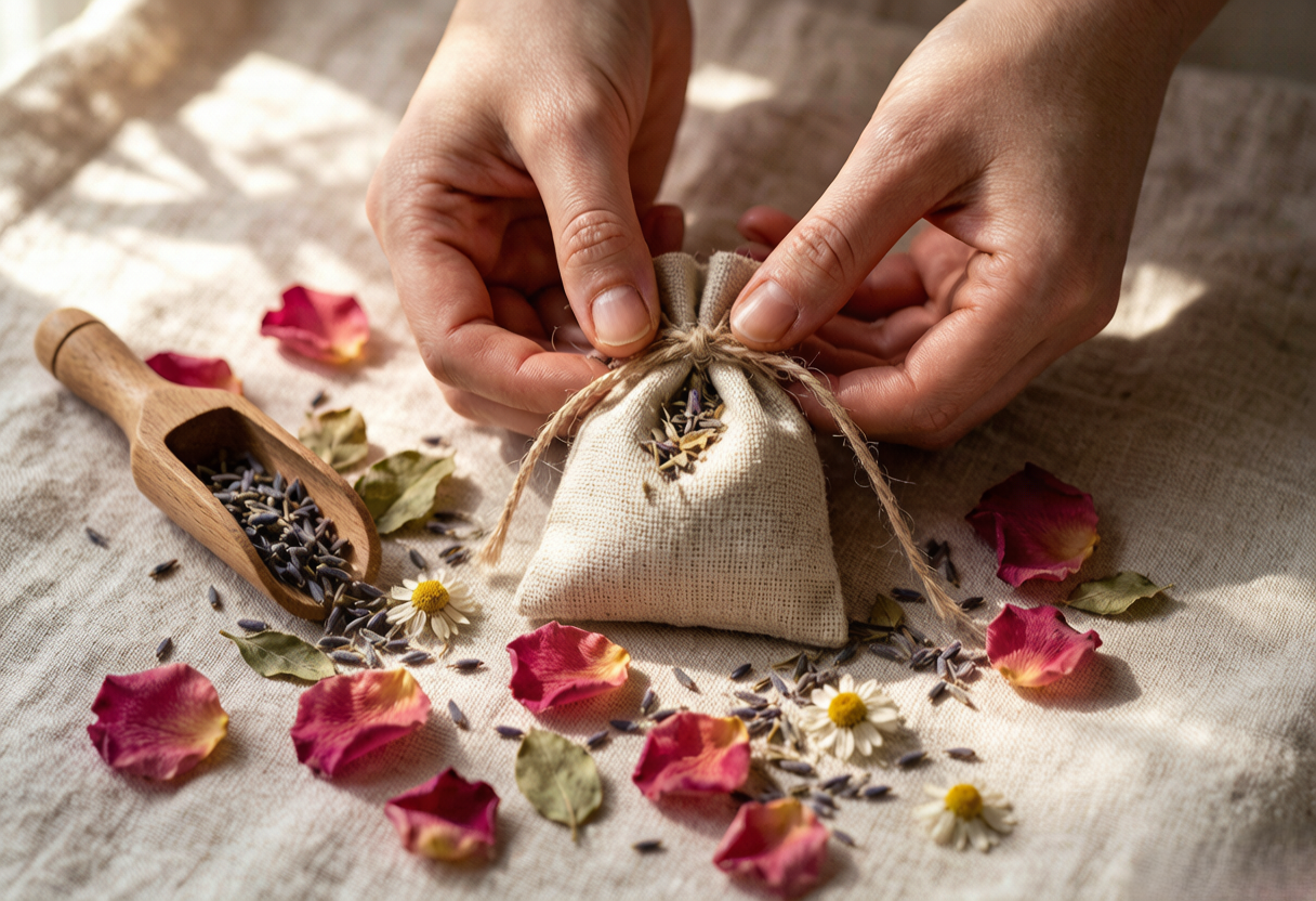 handwoven botanical sachet pendant in garden hues — Keepsake by TibetanTwist