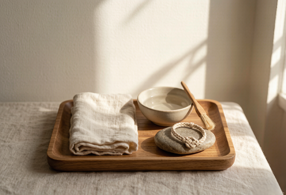 morning care ritual for handwoven waxed cord jewelry with a cotton cloth and soft brush beside a bright window — TibetanTwist