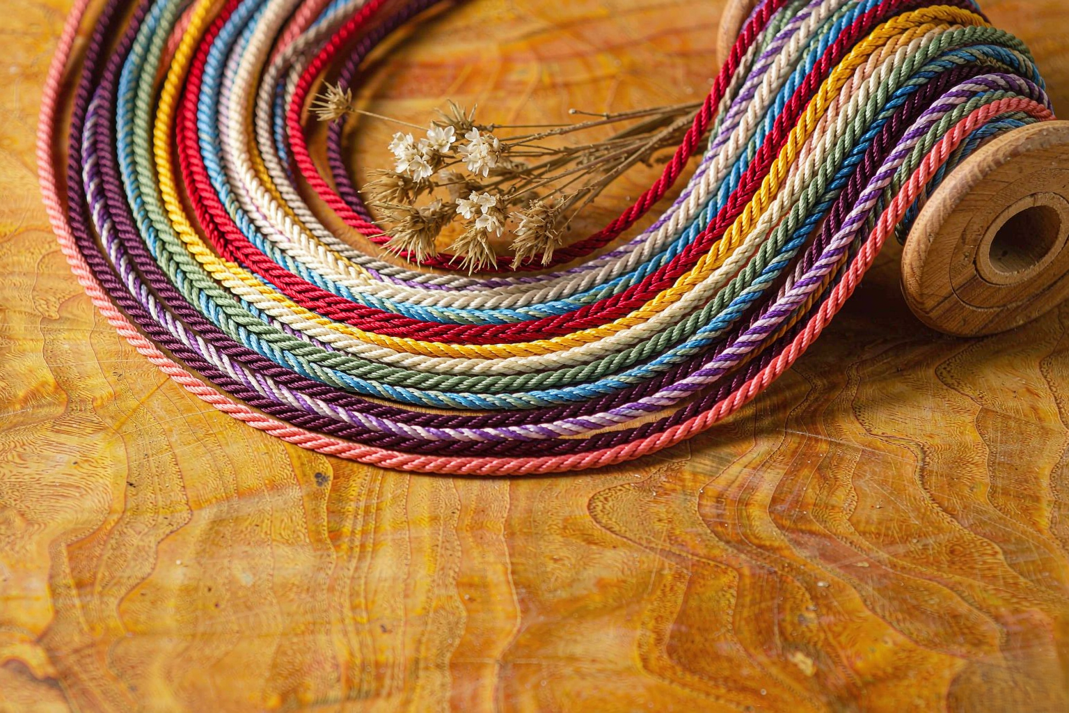 rainbow waxed cord spools in peony pink, pine green and monsoon sky blue — Craft & Process by TibetanTwist