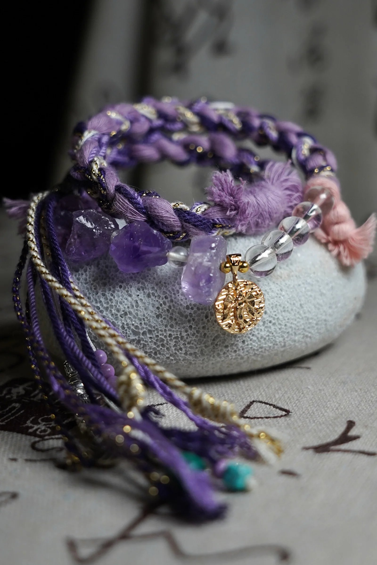 handwoven birthstone zodiac bracelet in amethyst purple and cream — Zodiac by TibetanTwist