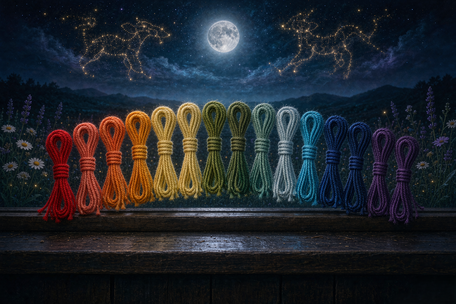 twelve handwoven zodiac bracelet cord colors under a starlit night meadow — Zodiac Jewelry by TibetanTwist