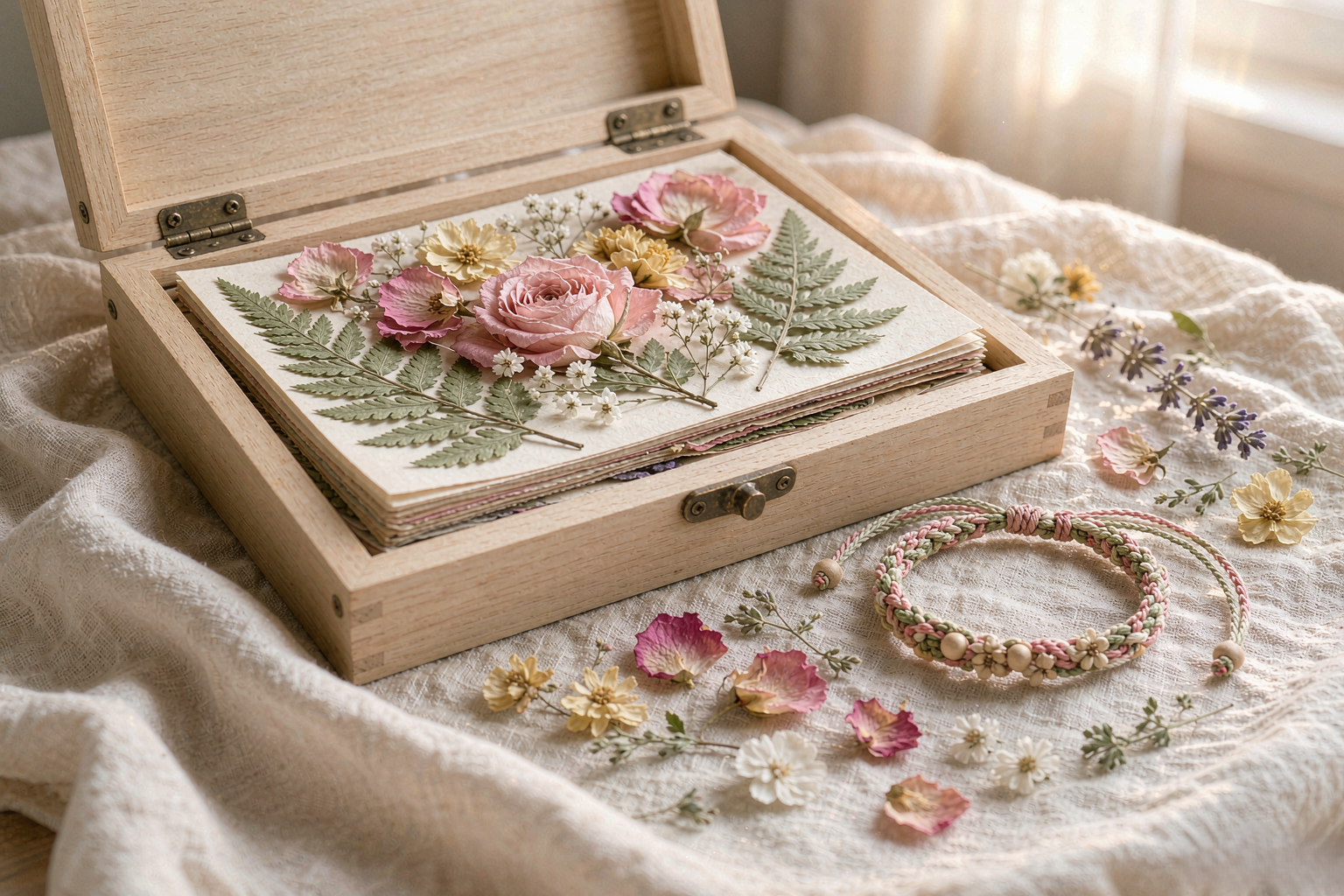 handwoven bracelets in botanical colors beside a wooden flower press with pressed petals — Botanical Journal by TibetanTwist