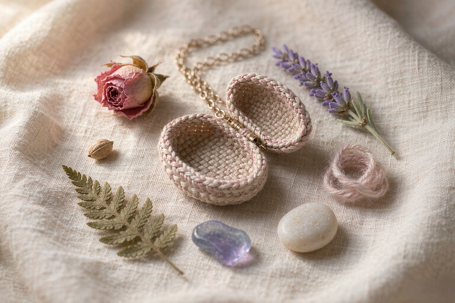 handwoven openable keepsake pendant with small dried botanicals — Keepsake by TibetanTwist